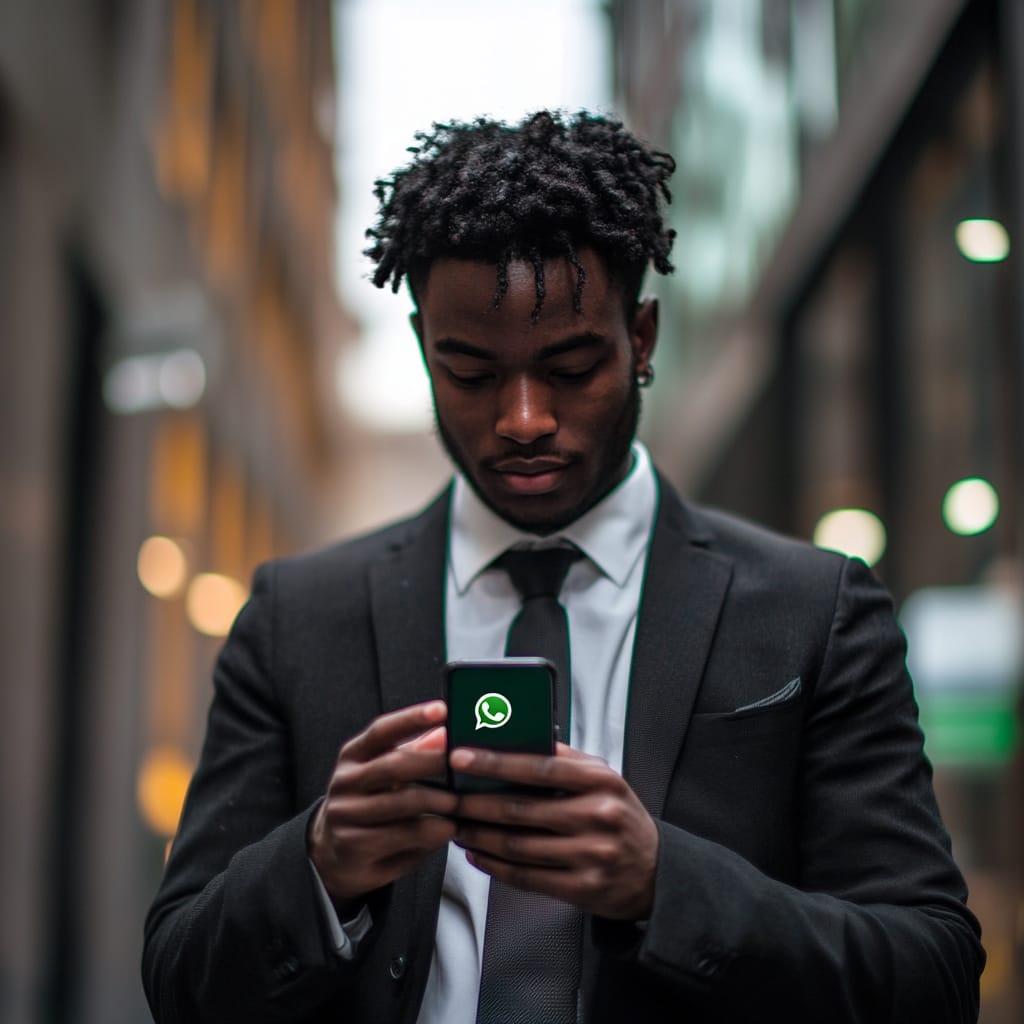 black men in asuit with Whatapp Logo