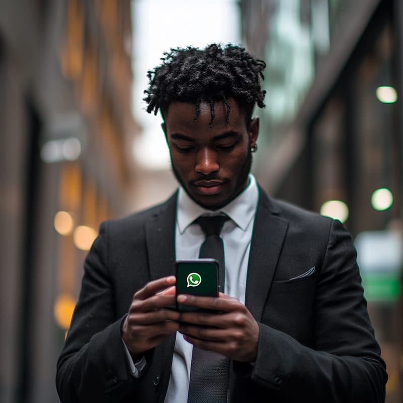 Black men in asuit with whatapp logo